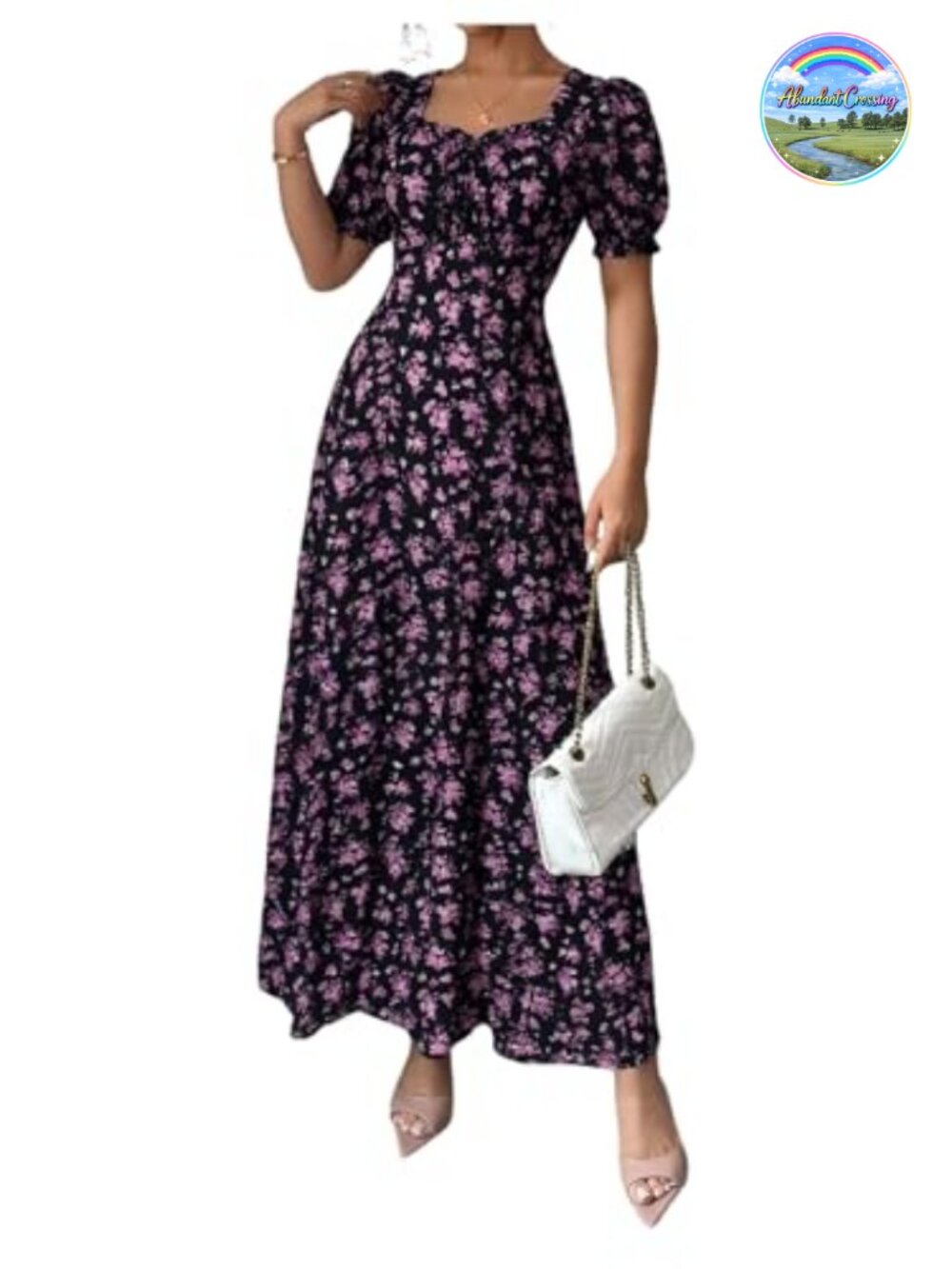 Floerns Women's Floral Short Puff Sleeve Milkmaid Boho A Line Long Dresses